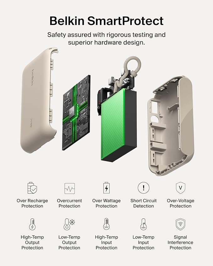 Belkin Portable Charger, Slim USB-C Power Bank 10,000mAh w/ 2 USB-C Ports, Digital Battery Display, 20W Charging Battery Pack - iPhone 17, Air, Pro, Samsung Galaxy S25, Pixel 10, iPad, & More - Sand