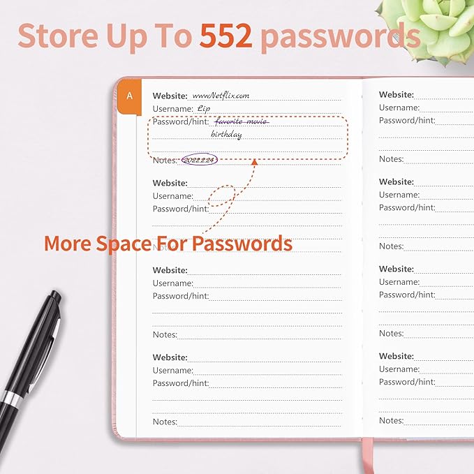Password Book with Alphabetical Tabs, Password Keeper Book for Seniors, Hardcover Password Notebook for Individual & Colorful Tabs, Password Organizer for Website Logins, 5.3" x 7.7", Rose Gold