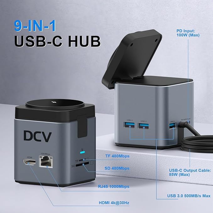 USB C Laptop Docking Station with MagSafe Charger Stand, 9 in 1 USB C Hub Multiport Adapter with 4K HDMI, 1Gbps Ethernet, 3 USB 3.0, SD/TF, Compatible with MacBook/Dell/HP/Lenovo/iPhone (Dark Gray)