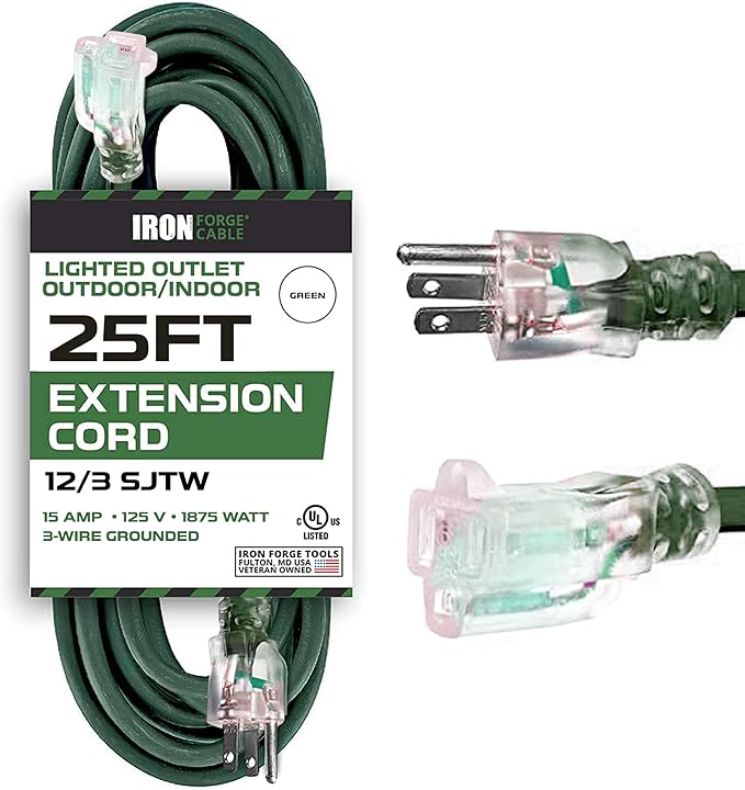 IRON FORGE CABLE 12 Gauge Extension Cord 25 Ft Lighted End - 12 AWG Heavy Duty Extension Cord with 3 Prong, Industrial Grade Green Outdoor Cable 12/3 SJTW for Major Appliances & HVAC, US Veteran Owned