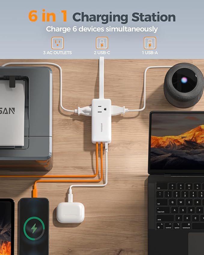 TESSAN USB Charging Station PD 30W, Flat Plug USB C Charger Blocks with 3 AC Outlets, Desktop Phone Fast Charger with 5FT Extension Cord for Phone Tablet Laptop, Travel, Office