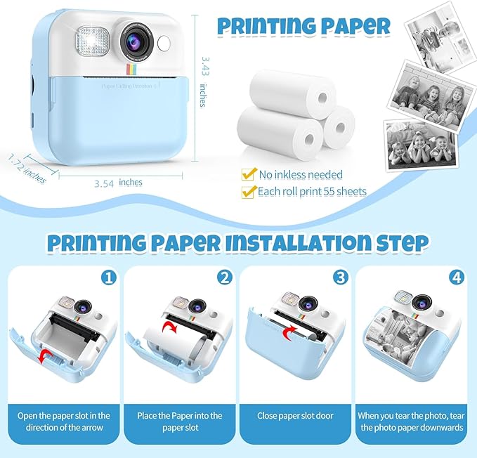 Kid Camera for Boys,Portable Toddler Blue Printing Camera Toy 1080P Video Cameras Children Instant Print Camera for Kids 3 Print Paper & 32G Card Christmas Birthday Gifts（Blue）