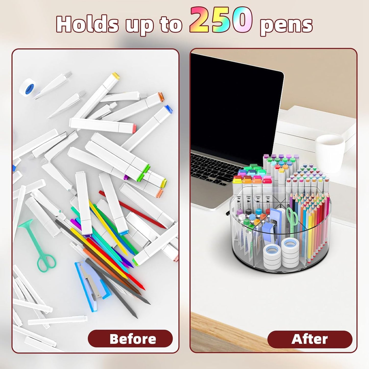 Absonic Acrylic Pen Holder Pencil Organizer, 360-Degree Rotating Pencil Holder, Crayon Organizers for Kids Marker Organizer Caddy Art Supply Kids Desk Organizers for Office Home School