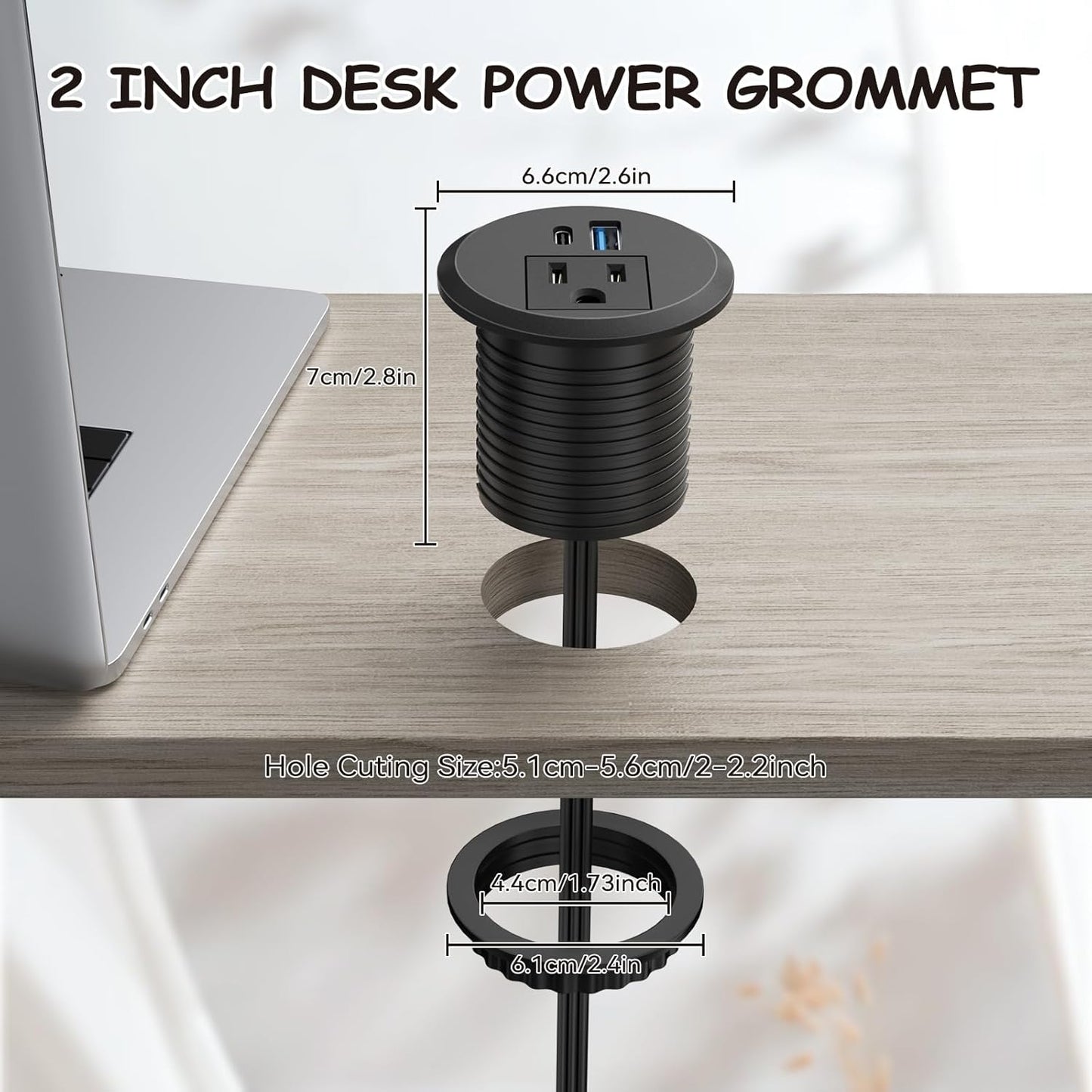 XBA 2inch Desktop Power Grommet Recessed Power Strip with PD 20W USB C,AC Outlet and 18W USB A Charging Port, Hidden Power Outlets with 6FT Extension Cords for Office, Home(Black)