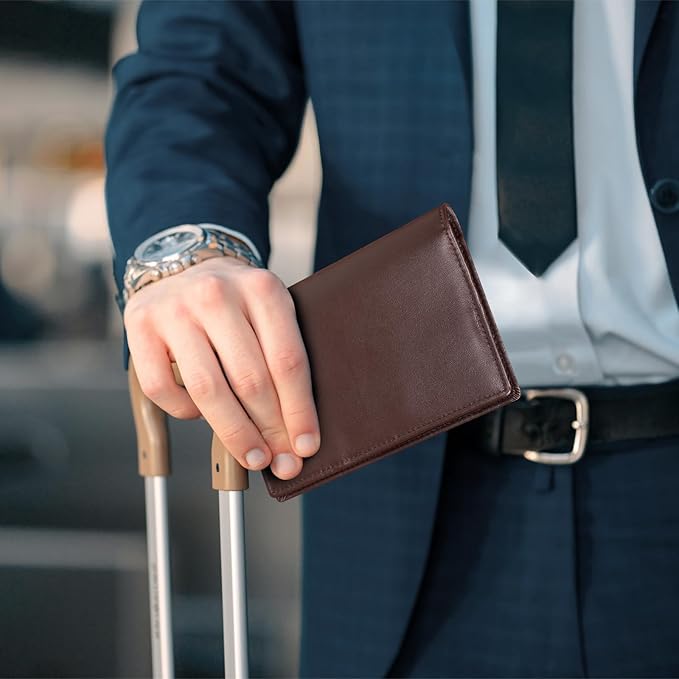 Polare Slim RFID Blocking Leather Passport Holder Travel Bifold Wallet For Men (Coffee)