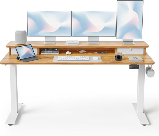 FEZIBO 60 x 24 Inch Height Adjustable Electric Standing Desk with Double Drawer, Computer Desk, Home Office Stand Up Table with 4 Height-Adjustable Feets & 2 Hooks, Light Rustic