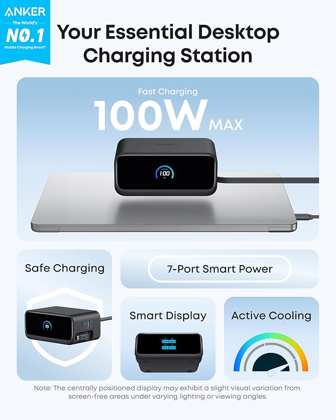 Anker Nano Charging Station, 7-in-1 USB-C Power Strip for iPhone 16, 2.3 ft Anker InstaCord Retractable Cable, 3 USB-C, 1 USB-A, 3 AC, 100W Desktop Fast Charging for MacBook, Home, Office(Non-Battery)