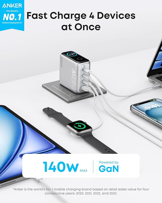 Anker Laptop Charger, 140W MAX USB C Charger, 4-Port Multi-Device Fast Charging, Advanced GaN Power Adapter, Intuitive Touch Controls, for MacBook, iPhone 17/16 Series, Samsung Galaxy, Pixel, and More