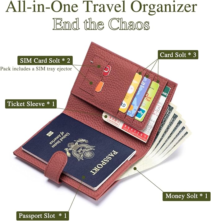 Slim Passport Wallet for Women – RFID Blocking Travel Holder with 1 Passport Slot & 3 Card Slots, Coin Pocket & SIM Slot – Genuine Leather Travel Organizer Brick Red