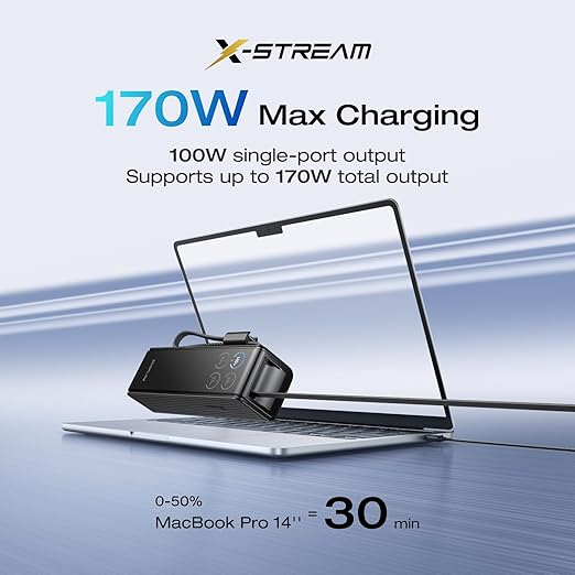 EF ECOFLOW Rapid Power Bank, 25,000mAh, 100W Built-in and Retractable Cables, 170W Portable Charger with Triple 100W USB-C Port, Compatible with iPhone 17/16/15/14, Samsung, Laptop and More, Black