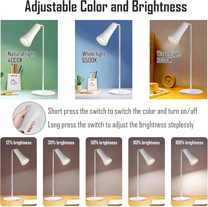 5 Modes Rechargeable LED Lamp with Magnet Swivel Joint, Touch Control, Adjustable Brightness, Color, 360° Angle, Can Become Desk Lamp, Clip Lamp, Wall Lamp, Flashlight, Portable Charger (White)