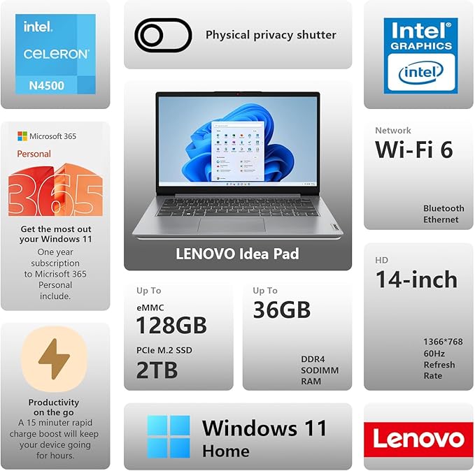Lenovo IdeaPad 1 Everyday Laptop, 14" HD Display, 8GB RAM, 384GB Storage(128GB eMMC + 256GB PCIe), 1 Yr Office 365 Included, Intel Core Processor, Win 11 Home, Bundle with Thunderobot Wireless Mouse