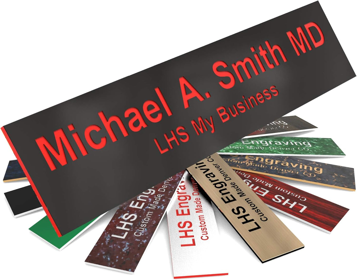 Engraved Name Plates for Door Sign Personalized Black Plastic Plaque with Red Letters - Made in USA 2x12 B19
