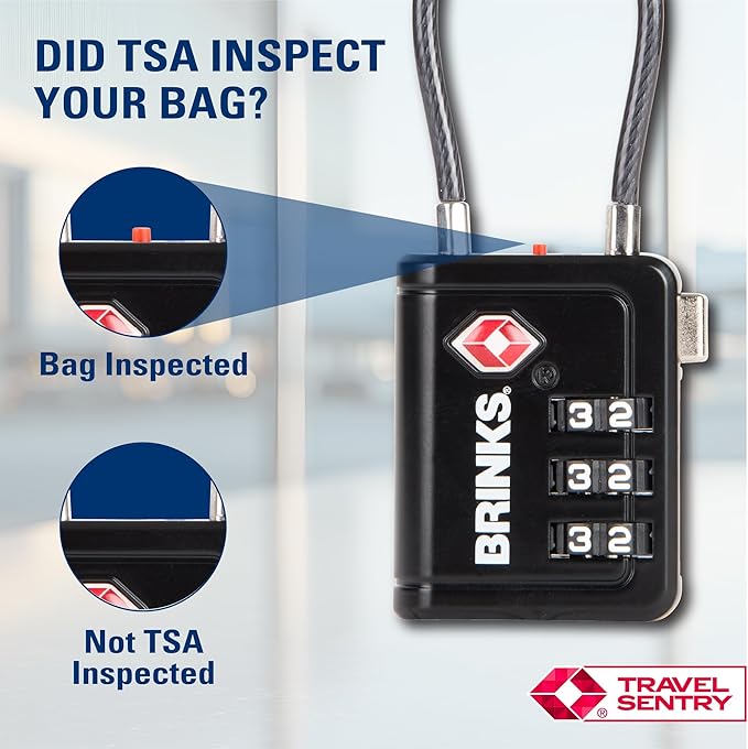Brinks TSA Accepted Indicator Luggage Lock, Black - Resettable 3-Dial Combination, 2.5 inch Long Cable Shackle, New More Secure TSA008 Key, 2 Pack