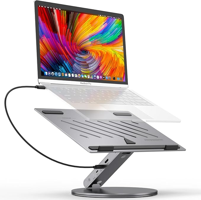 Adjustable Laptop Stand with 6-in-1 USB C Docking Station, 360° Rotation, 4K HDMI, USB3.0, PD100W, Compatible with MacBook Pro Air, Dell XPS, HP 10-16” - Gray