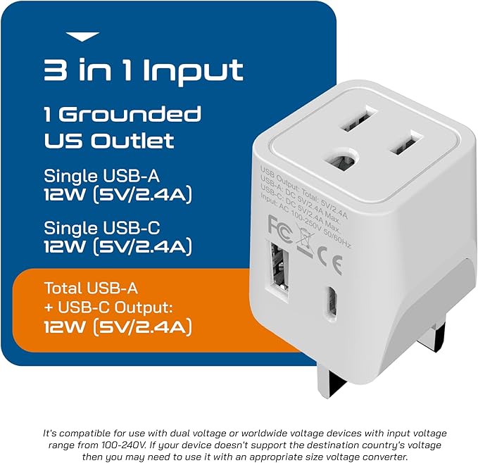 Ceptics UK adapters for travel to London, UAE, Hong Kong - USB-A, USB-C & USA Input - Compact Grounded Type G Plug - Use with Phones, Laptops,Cameras