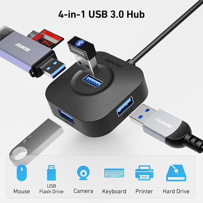 BENFEI USB 3.0 Hub, 4 Ports USB A Splitter Ultra Compact for Mouse, Keyboard, Flash Drive, U Disk, Printer Compatible with Laptop, Desktop PC, Xbox, PS5, and More