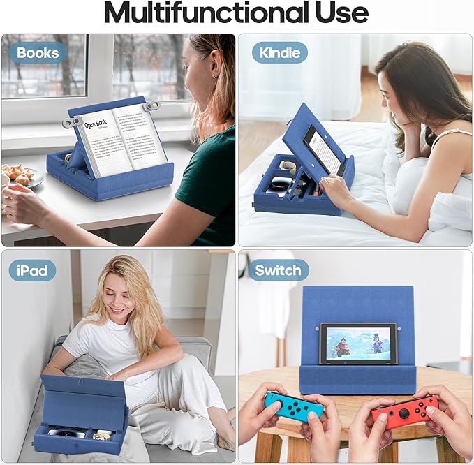 KDD Book Stand with Storage, Multi-Angle Viewing Reading Tablet Holder for Lap, Bed, Desk and Couch, Foldable I-pad Pillow Holder with Organizer Tray for Book,Tablet, Cell Phone, (4.7"-15") Blue