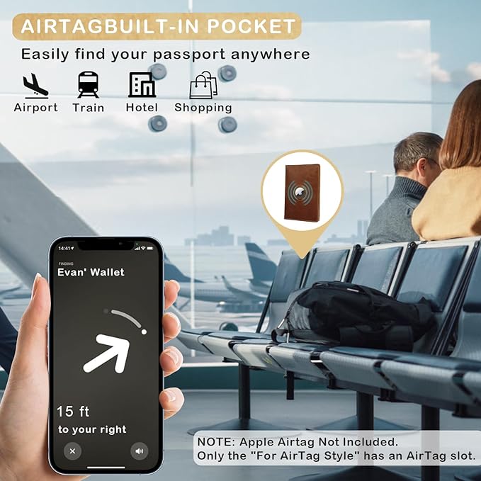 Airtag Passport Holder for Women Men Travel, Real Leather Passport Wallet, Handmade Passport Cover Case with Airtag Slot, Travel Must Haves Essentials Accessories Birthday Gifts (Crazy Horse, Blue)