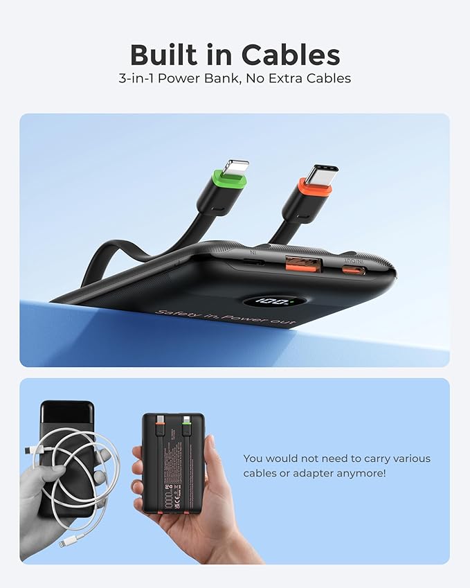 VEEKTOMX Portable Charger Built-in Cables, Power Bank for iPhone, Fast Charge USB C Battery Pack Travel Essentials Phone Charger Compatible with iPhone 17/16/15/14, Samsung S25/24