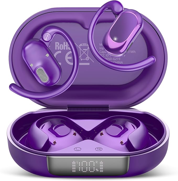 Open Ear Headphones, Bluetooth 5.4 Earphones 36H Playtime Air Conduction Headphones with Mic, Adjustable Earhook Earbuds with ENC Clear Calls/LED Display, IPX7 Open Ear Earbuds, Dark Purple
