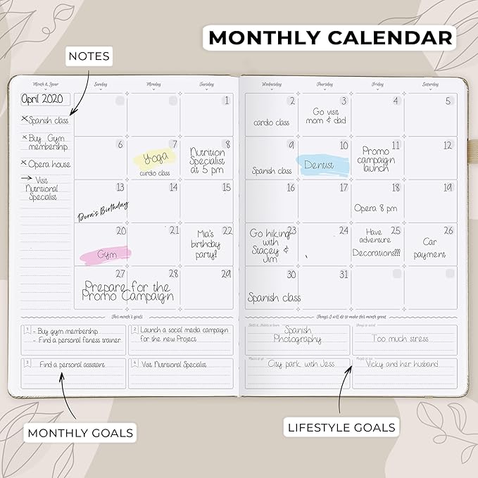 GoGirl Planner PRO Schedule - Undated Planner with Hourly Time Slots, Monthly, Weekly & Daily Organizer, Appointment Book for time Management, 7"x10" Hardcover, Lasts 1 Year - Seashell