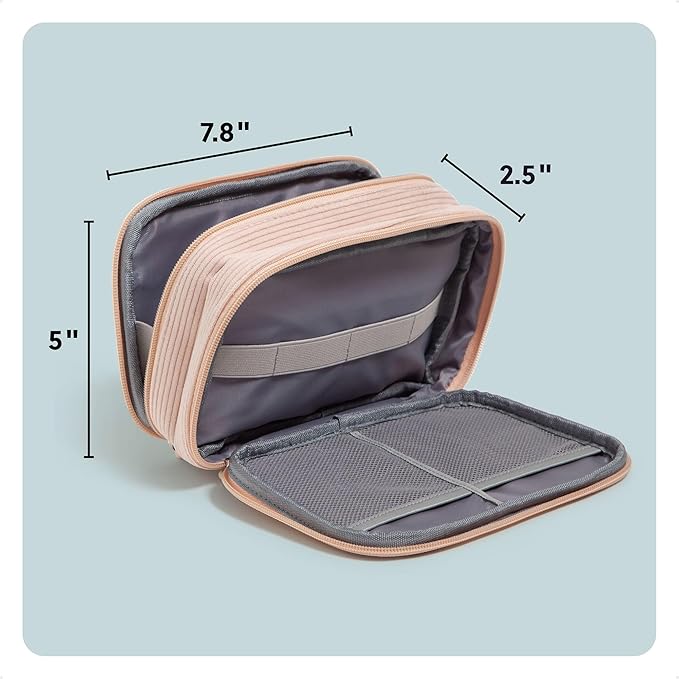 U Brands Dual Zip Corduroy Travel Electronics Organizer, Tech Carry Case, Portable Travel Bag, Cord Storage, 8" x 5.25" x 2.5", Dusty Rose Pink