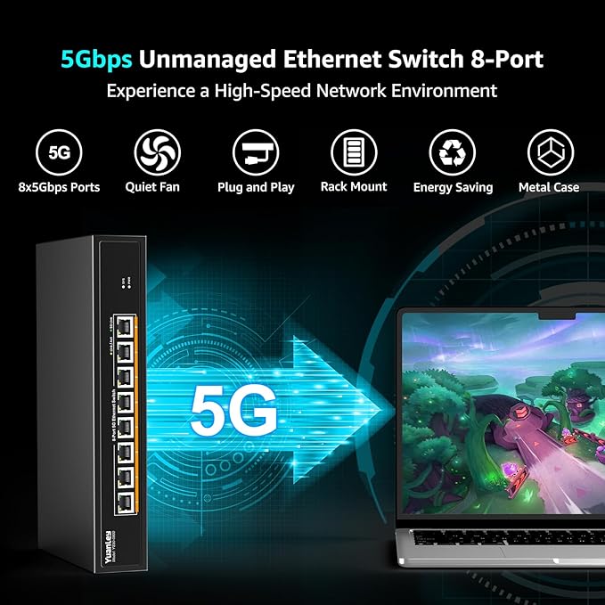 YuanLey 8-Port 5G Ethernet Switch, 8 x 5Gbps RJ45 Ports, Support 5G/2.5G/1G/100Mbps Speed Auto-Negotiation, 80Gbps Switching Capacity, Unmanaged Switch Rackmountable, Plug and Play