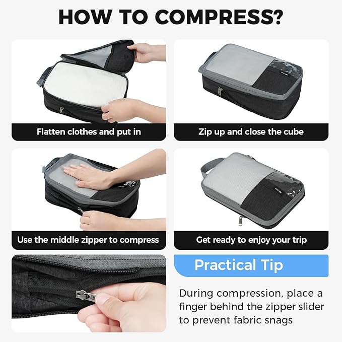 BAGAIL 6 Set/4 Set Lightweight Compression Packing Cubes for Travel, Anti-Tearing Expandable Organizer Bags for Suitcase
