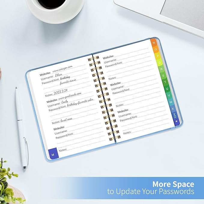 Small Password Book with Alphabetical Tabs, Password Keeper Book for Seniors, Individual & Colorful Tabs, Spiral Hardcover Password Notebook Small for Website Logins, 4.7" x 5.8", Blue