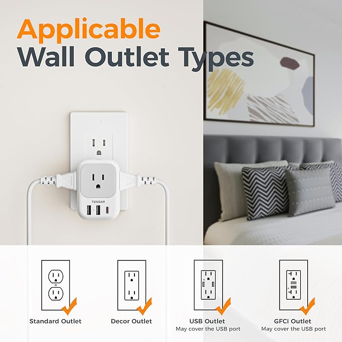 TESSAN USB C Charger Block 20W PD, Fasting Charging Electrical Outlet Extender with 4 Box Splitter and 3 USB Ports, 4 Side Multi Plug Wall Outlet for Cruise Home Office Dorm Room