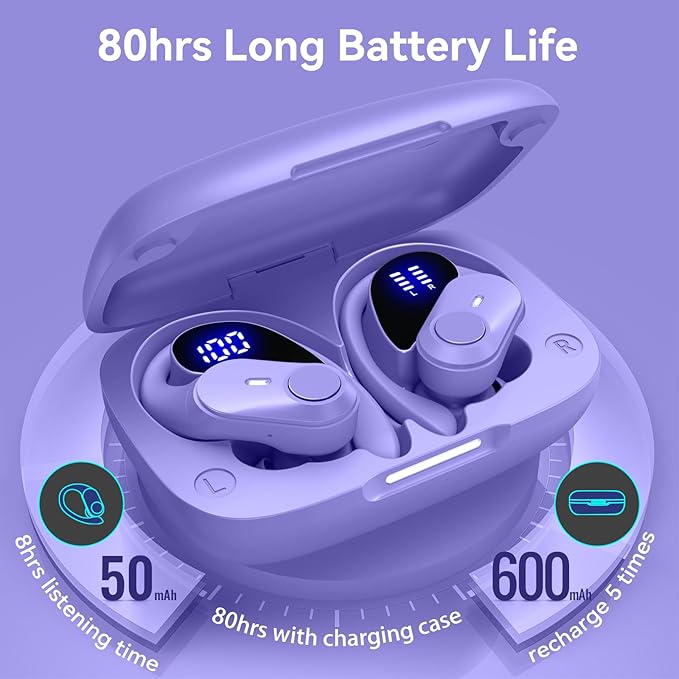 GOLREX Noise Cancelling Ear Buds Wireless Earbuds Bluetooth Headphones with 80H Playtime, Dual LED Display, Wireless Charging Case, Over-Ear Hooks Earphones for Sports Running Gym Workout Purple