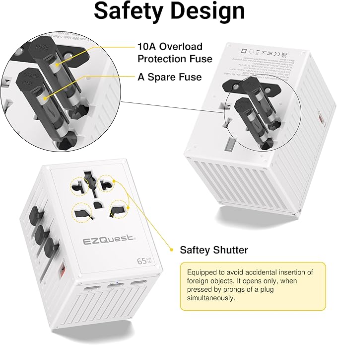 EZQuest WorldTravel 65W GaN 5-Port Wall Charger - Compact Universal Travel Adapter with 4 Plug Types (US/UK/EU/AU) for 200+ Countries - 4X USB-C & 1x USB-A Ports, PD Fast Charging - White