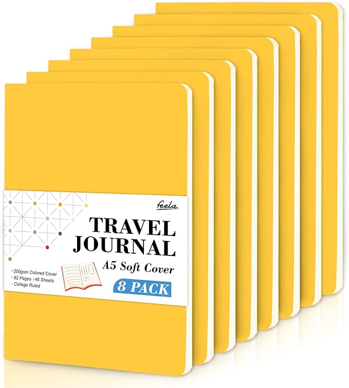 feela 8 Pack Soft Cover Journal Bulk, Notebooks College Ruled for Work, Lined Travel Journal for Women Men, Note Taking Notebook School Supplies Business Writing, 8.2” x 5.5”, A5, Yellow