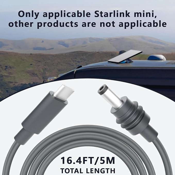 OTPEIR Starlink Mini DC Power Cable, Power Cord for Starlink Mini Accessories, Waterproof Outdoor 18AWG Durable Cable,Gray (C-DC 16.4FT)