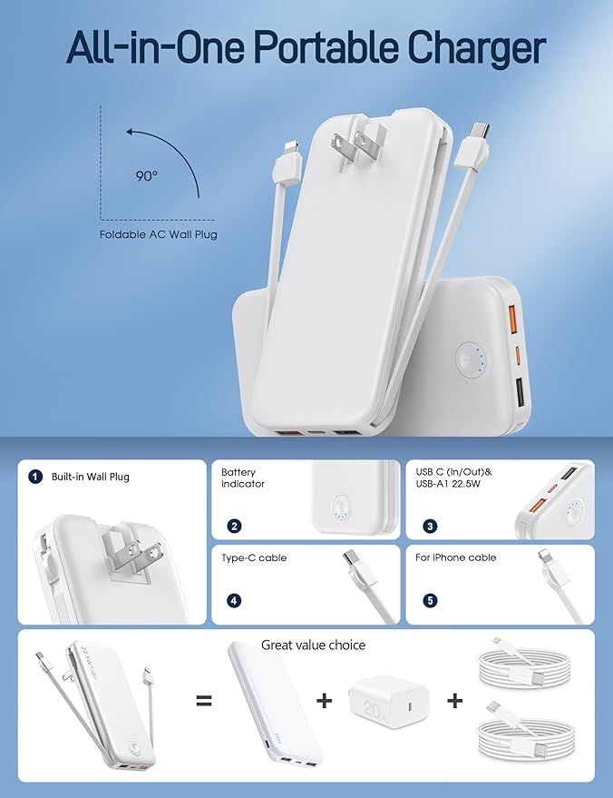Portable Charger with Built in Cable and AC Wall Plug, USB C Power Bank 12000mAh 22.5W Super Fast Charging, Lightweight Portable Phone Charger Travel Battery Pack for iPhone, ect