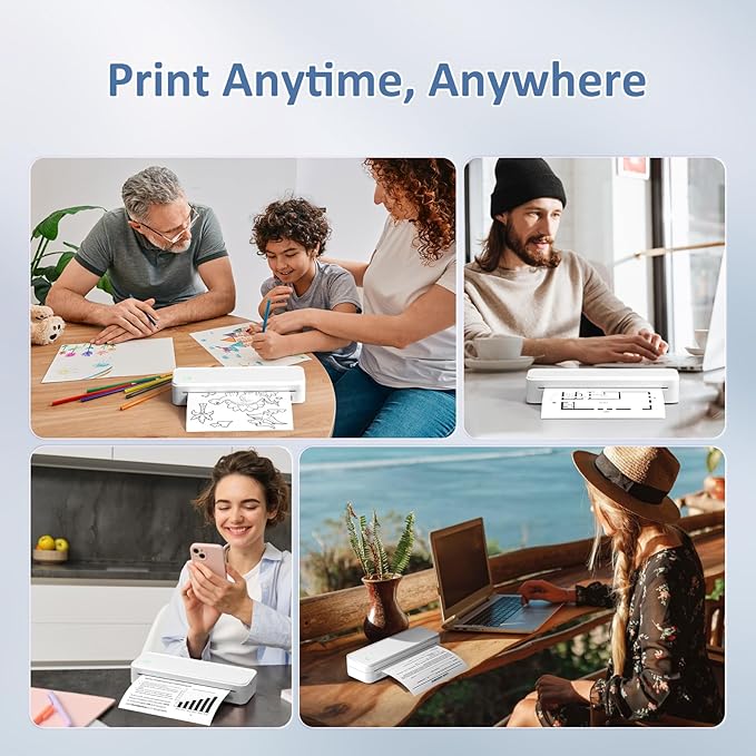 Inkless Portable Printer for Travel, Wireless Thermal Printer Supports 8.5 x 11 Inch US Letter Size, Bluetooth Machine Includes Carry Case and 3 Rolls of Thermal Paper Kit, White