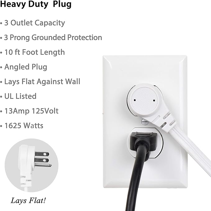 Flat Multiple Outlet Extension Cord 10 Ft for Indoor Use by Electes- UL-Listed 3-Prong Multi Extension Wire- Space-Saving Flat Angled Extension Cord- White