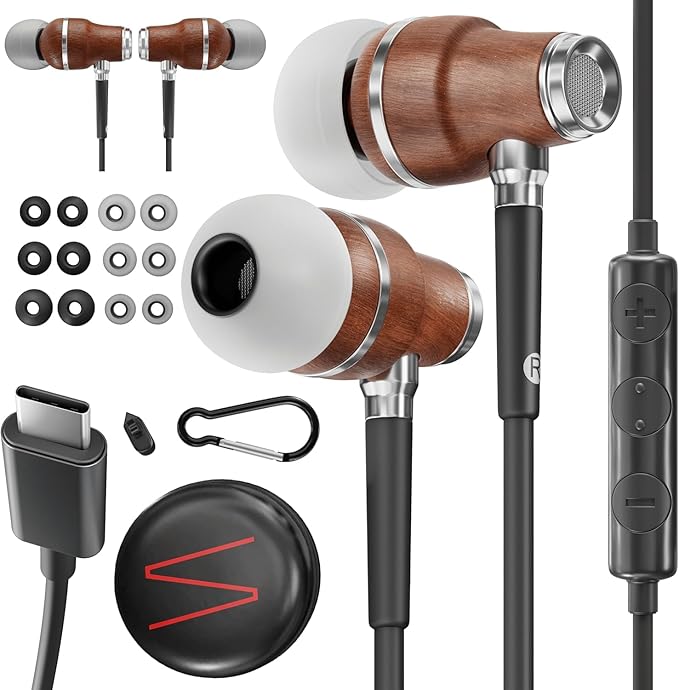 Symphonized Premium Wooden iPhone Earphones Wired (USB C) Deep Bass Sound, 3D Sound, Microphone Volume Control, 90% Noise Cancelling for Type C Devices. Earphones for iPhone 15 to 17 & Android (Black)