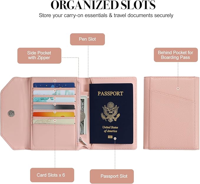 Passport Holder for Travel,Passport Book Holder，Rfid Blocking Travel Wallet Protect Your Card Security,Leather Travel Document Organizer for Men Women,Airport Essentials Gift (Pink)