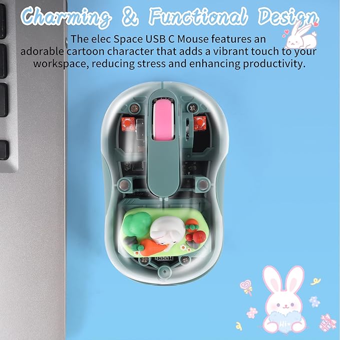 elec Space Cute Wireless USB C Mouse - Bluetooth Triple Mode Rechargeable Cartoon Mouse for Laptops, iPads & MacBook Air/Pro - Silent Operation, Portable Design, Unique Magnetic Character (Green)