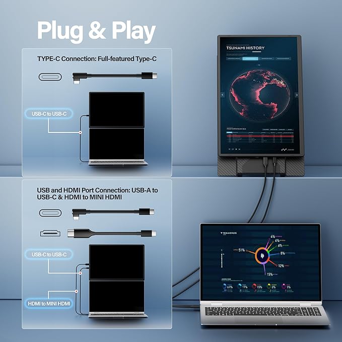 Laptop Screen Extender 16.1", 1920 * 1200 Portable Monitor with Detachable Frameless Display- 360° Rotatable Magnetic Stand, Dual Screen Plug & Play, Extra Monitor for Windows/Mac/Linux/Android