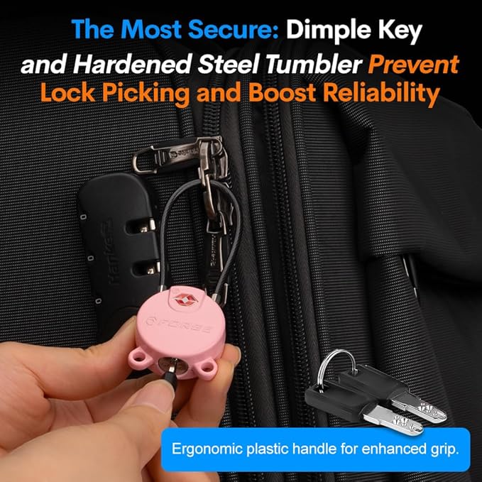 Forge TSA Approved Luggage Locks Ultra-Secure Dimple Key Cable Locks for Travel with Zinc Alloy Body- 2 Pink Locks
