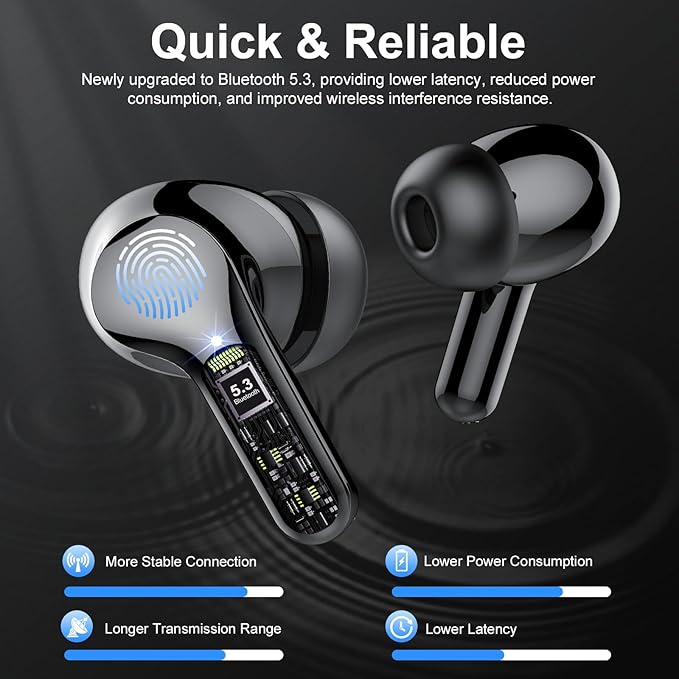 Wireless Earbuds, Bluetooth 5.4 Headphones HiFi Stereo, Bluetooth Earbuds with ENC Noise Cancelling Mic, IP7 Waterproof in Ear Earphones, 48H, LED Display Ear buds for Pad Phones Workout Sports, Black