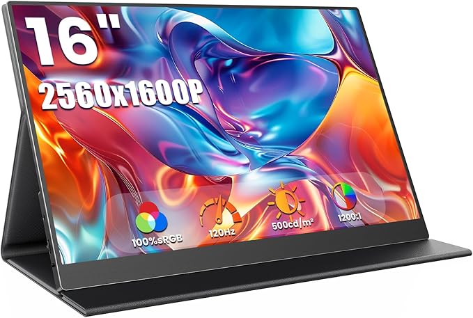 16" 2.5k Portable Computer Monitor,Gaming Monitor,Portable Monitors for Laptop PC Mac Phone PS5,120Hz 100% sRGB LTPS Display HDR Screen Extender with Smart Cover, USB C & HDMI,Travel Work Home