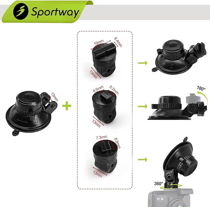 Sportway S503 Suction Cup Dash Cam Mount Holder (5th Gen) with 3pcs 360 Rotating Joints for Rove Nexar Z-Edge Kingslim iiwey NIUTA and Most Other Car Dash Cameras