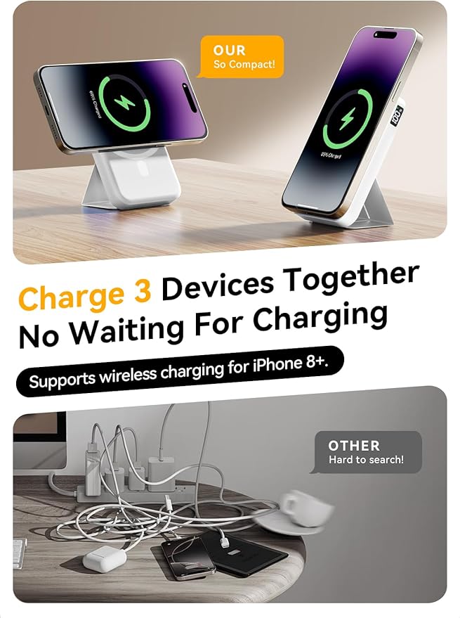 Magnetic Portable Charger, 10000mAh Wireless Power Bank with Leather Foldable Stand, USB-C 20W Fast Charging for Magsafe Battery Pack Compatible with iPhone Air/17/16/15/14 All Series