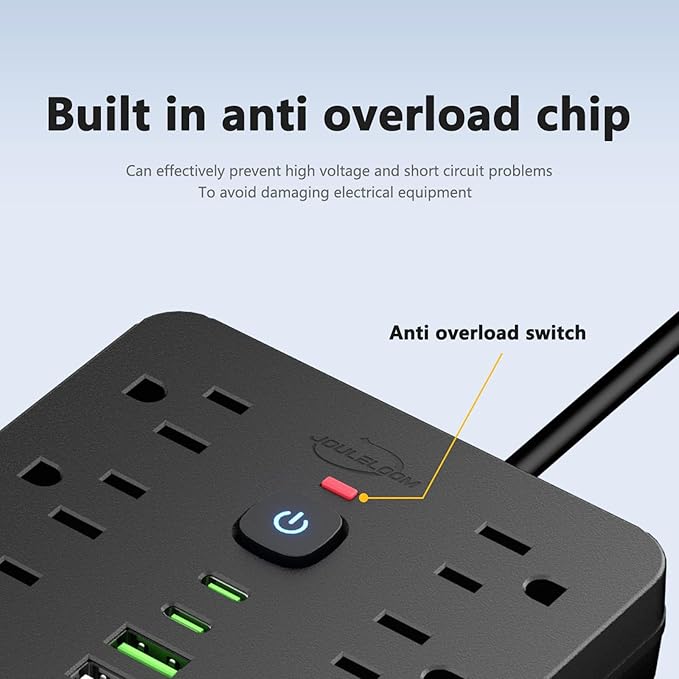2PCS 6 FT Flat Plug Surge Protector Power Strip,11 Multiple AC Outlets with 6 USB Ports (2 USB C), 6 Feet Extension Cord, 1250W/10A, One Touch Switch Button, 17 in 1 Compact powerstrip