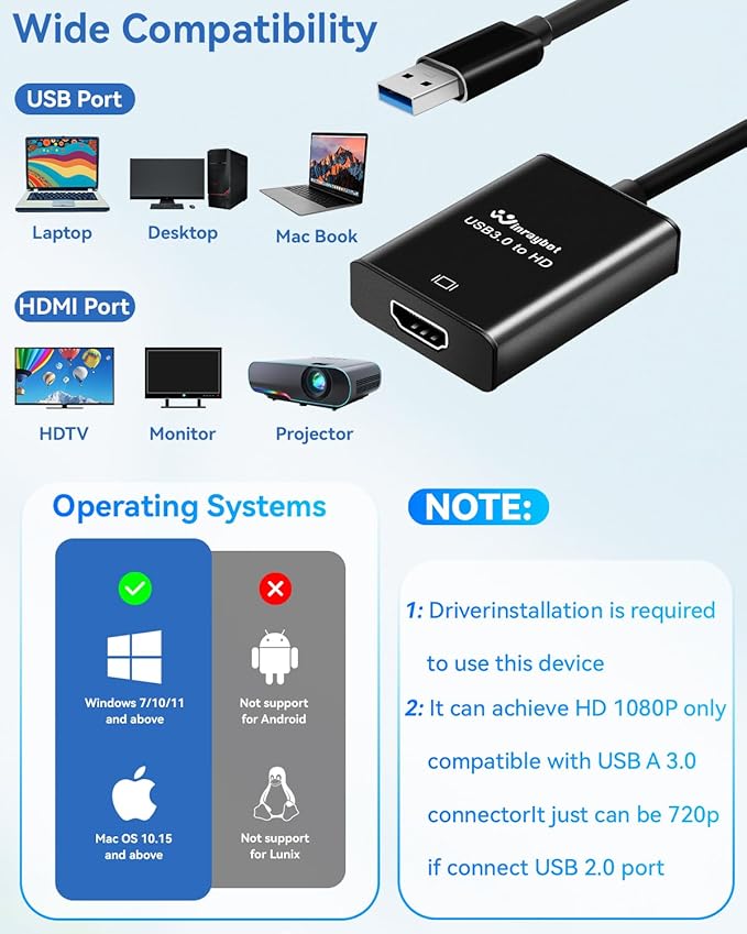 USB 3.0 to hdmi Adapter for Laptop,USB hub hdmi Converter, HD Port Expander (USB 3.0-Black)