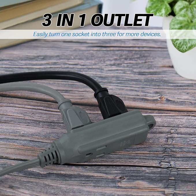 EP 15 Ft 3 Outlet Extension Cord with Flat Plug, 3 Prong Grounded, 16/3 SPT-3 Power Cable for Indoor Use, Grey, 2 Pack